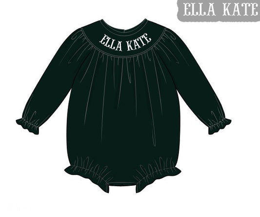 PREORDER 55: CHRISTMAS 1 - Classic Green Velvet Name Smock Girl Bubble