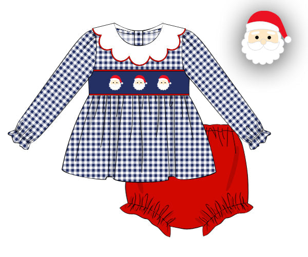 RTS - Smocked Navy Santas Girl Diaper Set