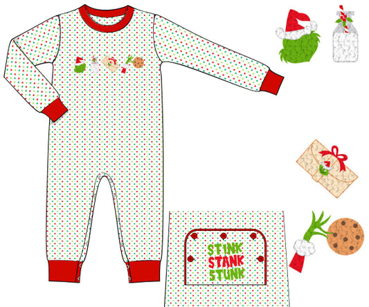 RTS - French Knot Green One PJs Boy Onesie