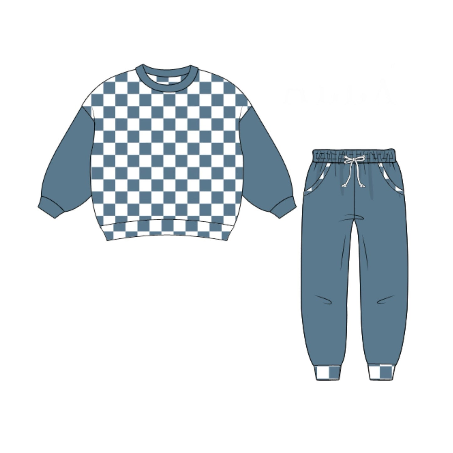 RTS - Winter Checkered Basics Boy Jogger Set - Stone Blue