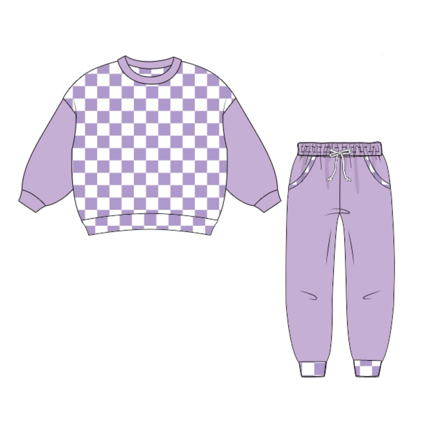RTS - Winter Checkered Basics Girl Jogger Set - Purple