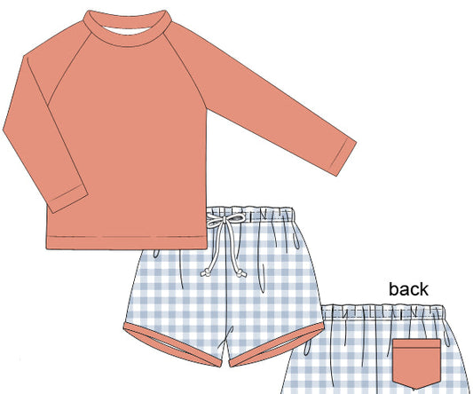 PREORDER 46: SPRING 1 - Elli’s Berry Patchwork Boy Rashguard Top & Trunk Set