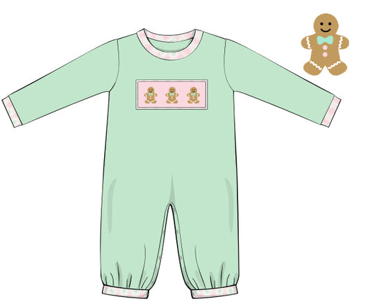 PREORDER 56: CHRISTMAS 2 - Smocked Mint Gingerbread Boy Longall