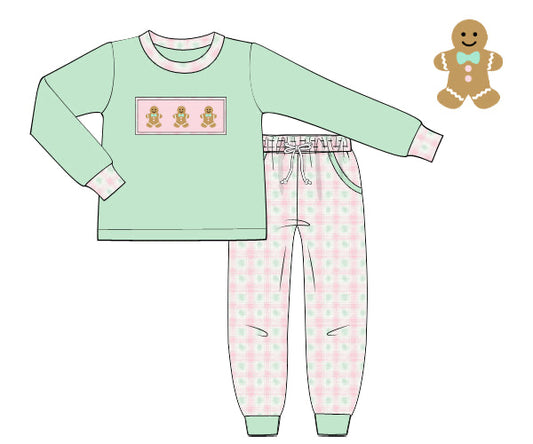 PREORDER 56: CHRISTMAS 2 - Smocked Mint Gingerbread Boy Jogger Set