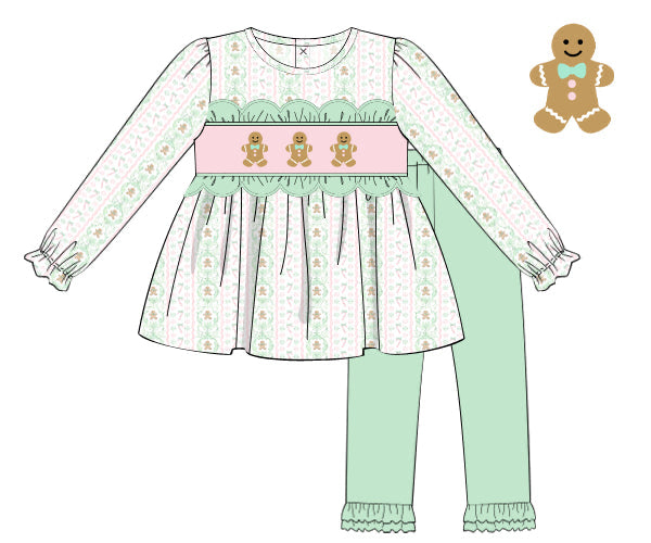 PREORDER 56: CHRISTMAS PT 2 - Smocked Mint Gingerbread Girl Pant Set