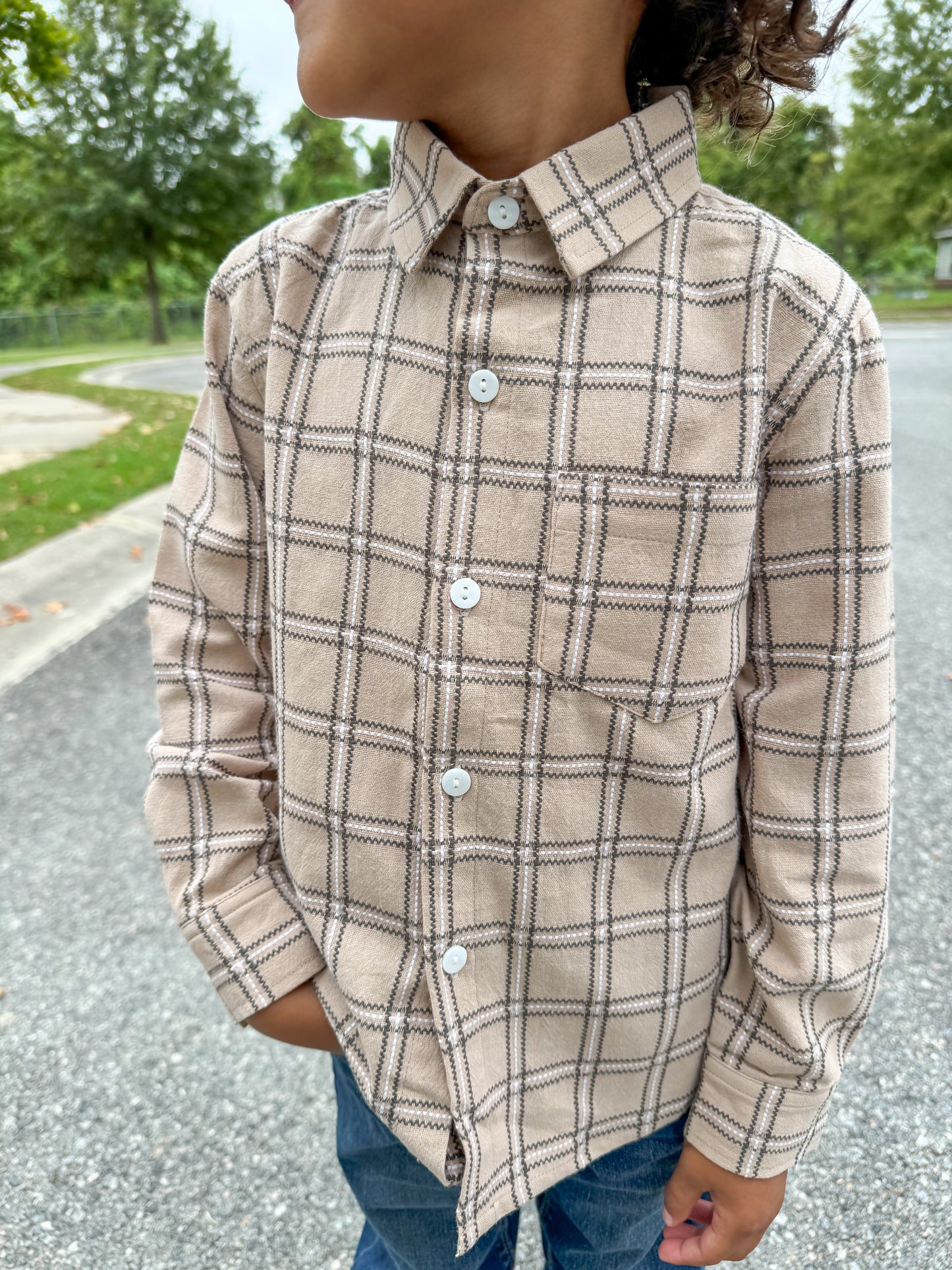 Khaki Plaid Boy Button Down -NO MONOGRAM