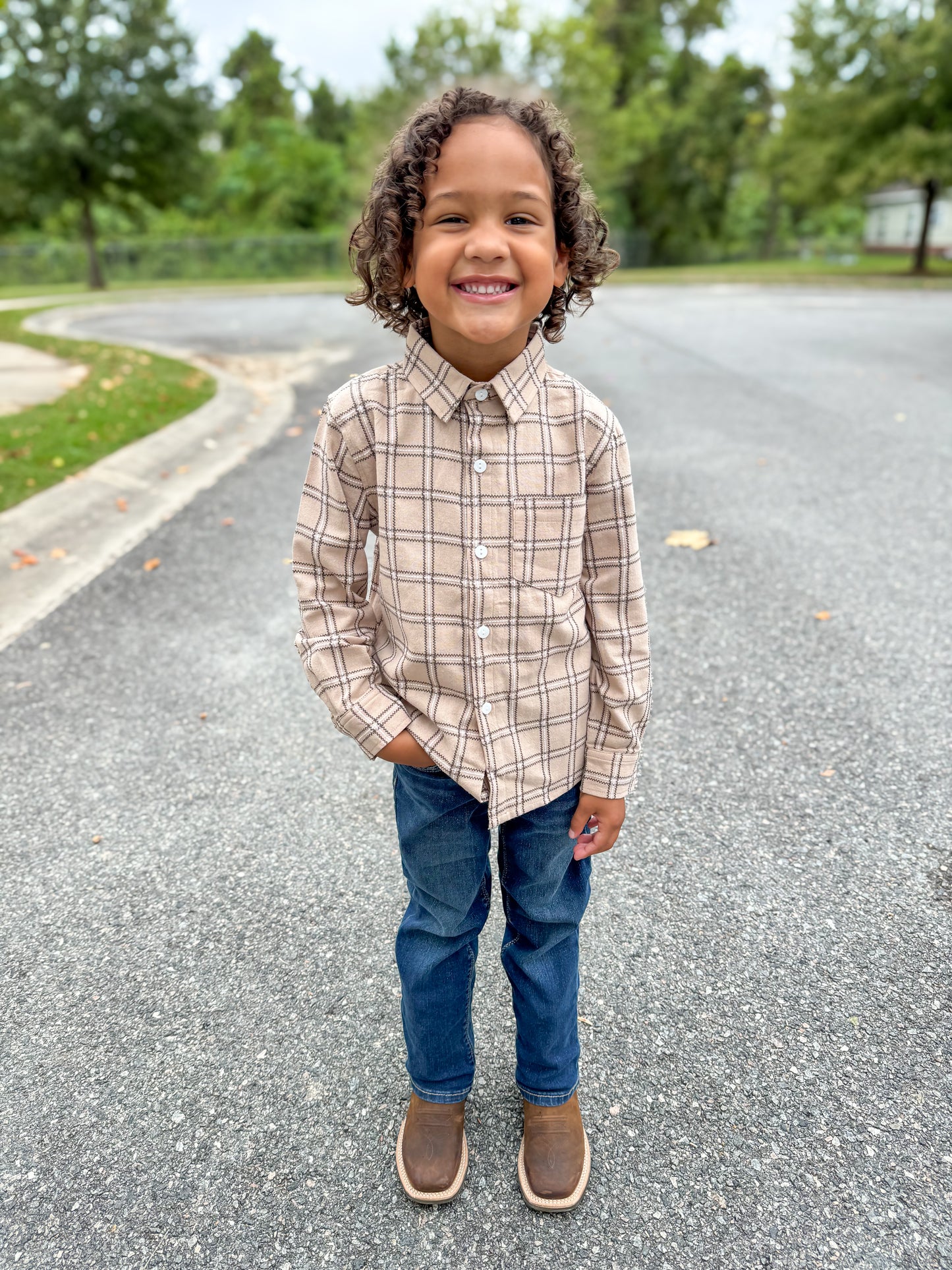 Khaki Plaid Boy Button Down -NO MONOGRAM