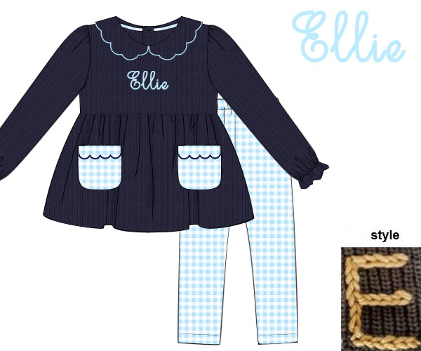 RTS - Chainstitch Blue Gingham Girl Pant Set - NO PERSONALIZATION