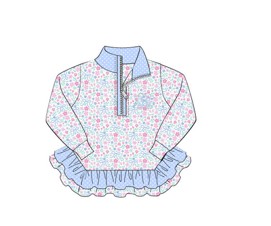 PREORDER 57: WINTER - Winter Shirt Only - Blue Bows & Floral Quarter Zip