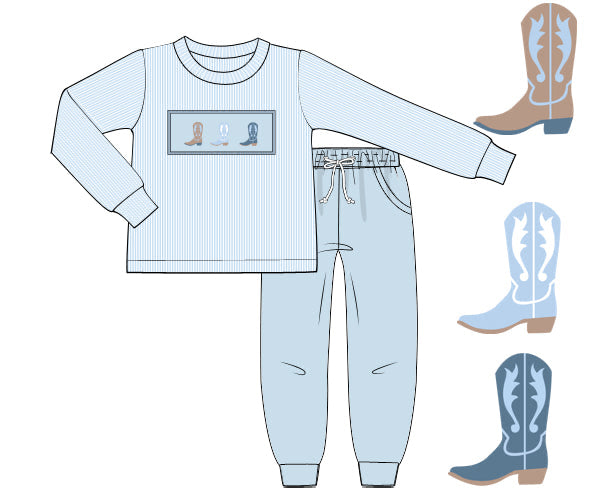 PREORDER 57: WINTER - Smocked Boots of Blue Boy Jogger Set