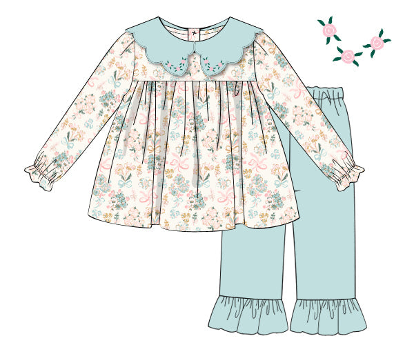PREORDER 57: WINTER - Winter Girls Only - Turquoise Floral Girl Pant Set