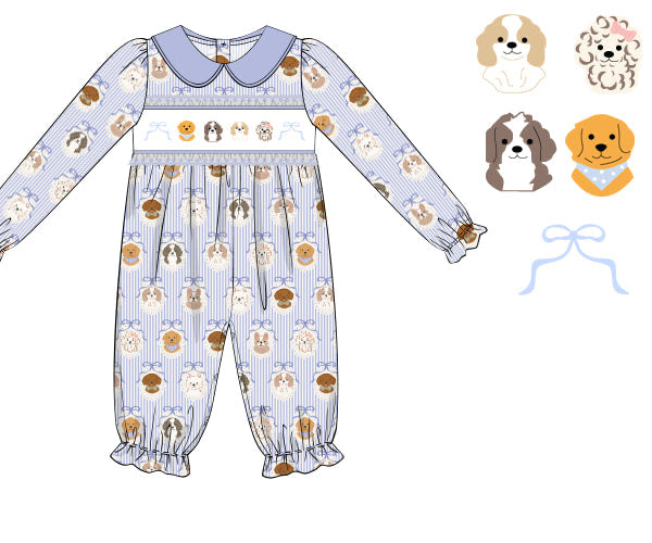 PREORDER 57: WINTER - Smocked Winter Pups Girl Longall