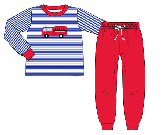 PREORDER 44: TRANSITION TO SPRING - Applique Transition Sets - Firetruck Boy Jogger Set