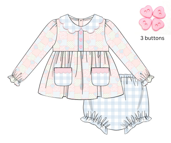 PREORDER 59: TTS - TTS Girls Only - Sweetheart Stitches Patchwork Girl Diaper Set