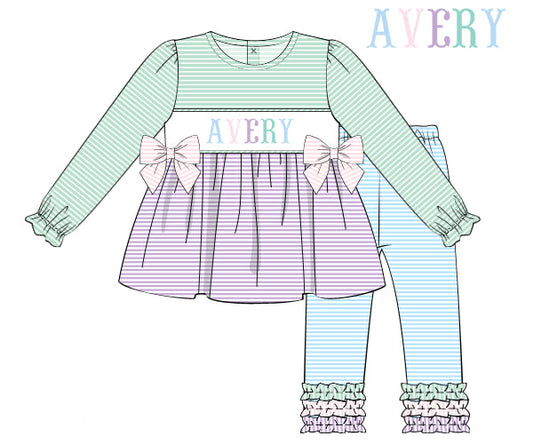 RTS - Striped Colorblock Name Smocks Girl Pant Set - "MAMA'S MINI"