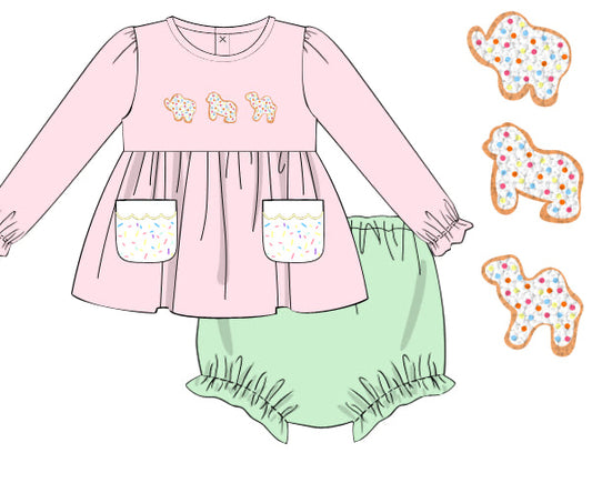 RTS - French Knot Animal Crackers Girl Diaper Set