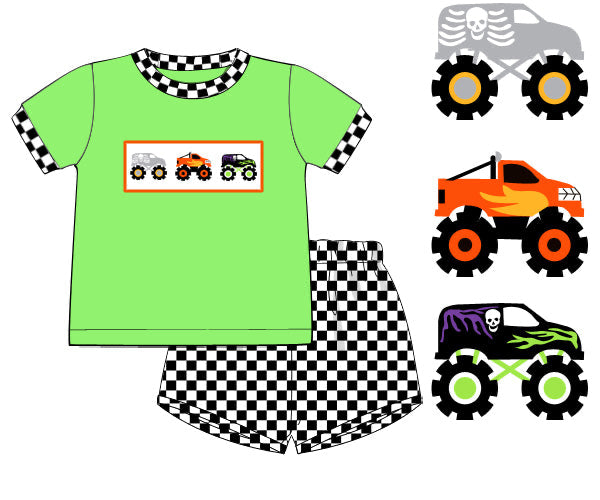 PREORDER 48: SUMMER 1 - Summer 1 Boys Only - Smocked Monster Jam Boy Shortie Set