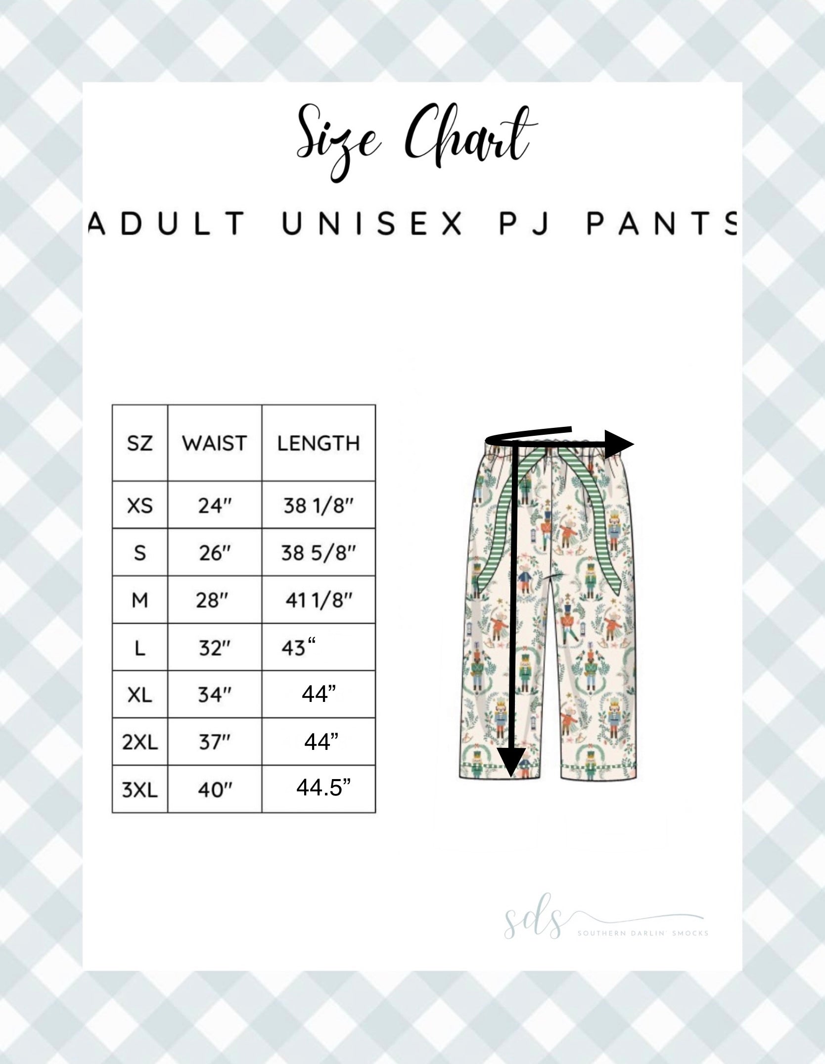 ADULT PJ PANTS SIZE CHART Southern Darlin’ Smocks, LLC