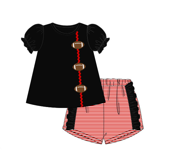 RTS - COLLEGIATE - Applique Football Trio Girl Shortie Set - Red/Black