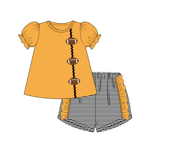 RTS - COLLEGIATE - Applique Football Trio Girl Shortie Set - Gold/Black