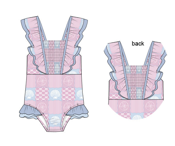 PREORDER 60: SPRING PT 1 - Seaside Shell Patchwork Girl 1pc Swim