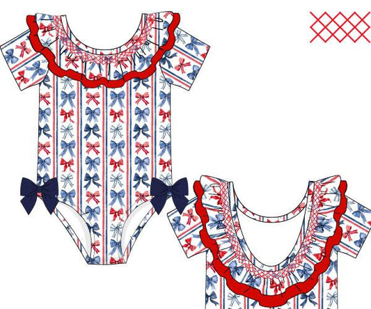 RTS - Patriotic Girls Only - RWB Bows Girl 1 PC Swim