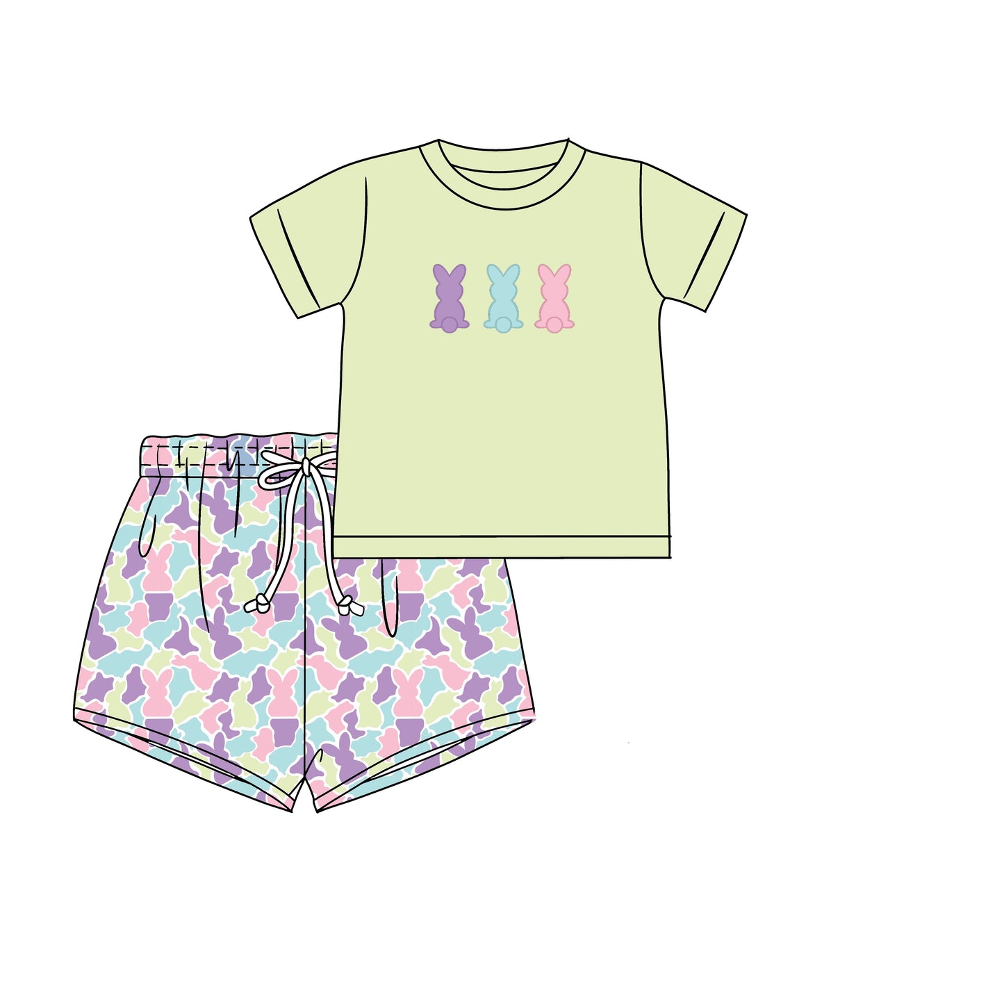 PREORDER 60: SPRING PT 1 - Spring 1 Boys Only - Pastel Camo Bunnies Boy Shortie Set
