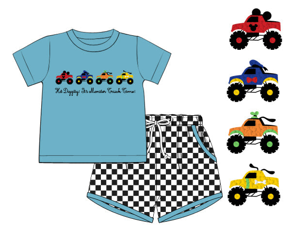 PREORDER 61: SPRING 2 - Spring 2 Boys Only - Clubhouse Monster Trucks Boy Shortie Set