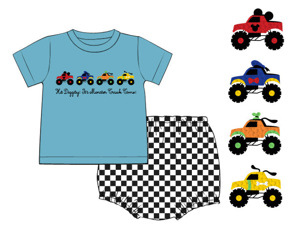 PREORDER 61: SPRING 2 - Spring 2 Boys Only - Clubhouse Monster Trucks Boy Diaper Set