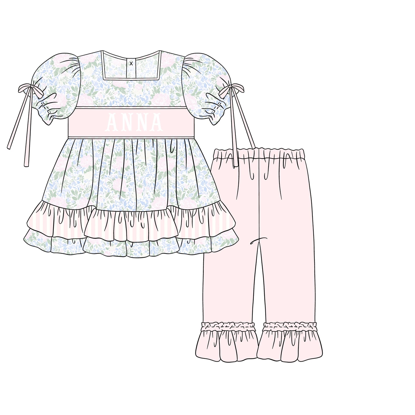 PREORDER 59: TTS - Petals & Pinstripes Name Smocks Girl Pant Set