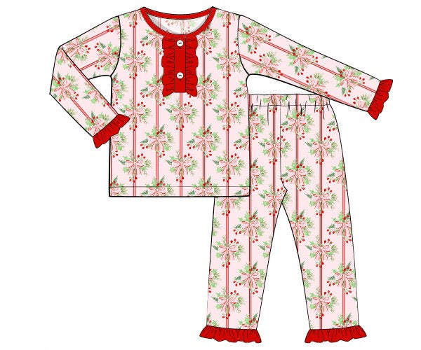 RTS - Bows & Holly Girl 2pc PJs