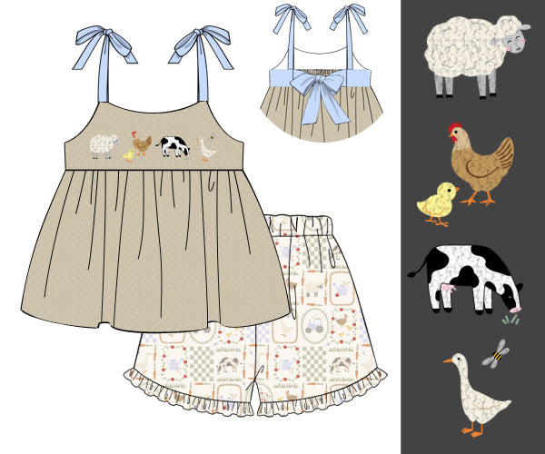 PREORDER 61: SPRING 2 - French Knot Farm Animals Girl Short Set