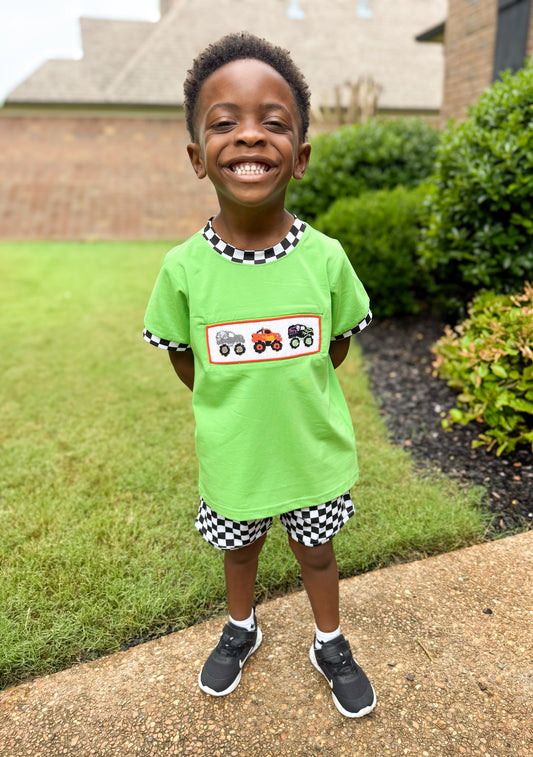 RTS - SUMMER 1 - Summer 1 Boys Only - Smocked Monster Jam Boy Shortie Set