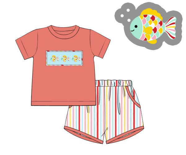 PREORDER 62: SUMMER PT 1 - Smocked Rainbow Fish Boy Shortie Set