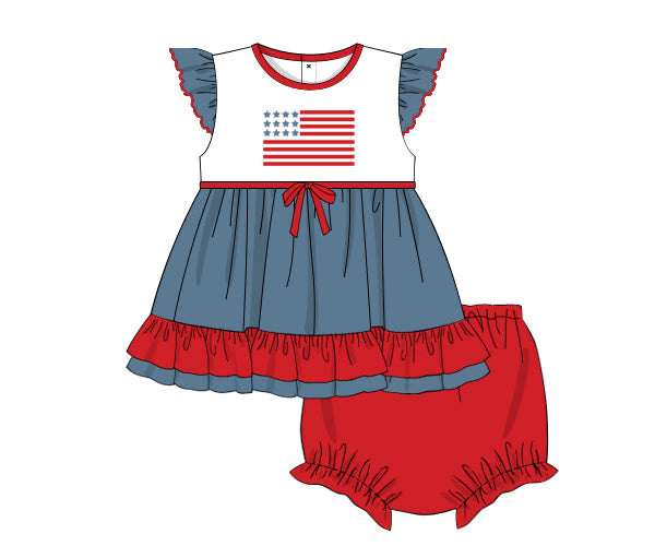 PREORDER 48: SUMMER 1 - American Flag Colorblock Girl Diaper Set