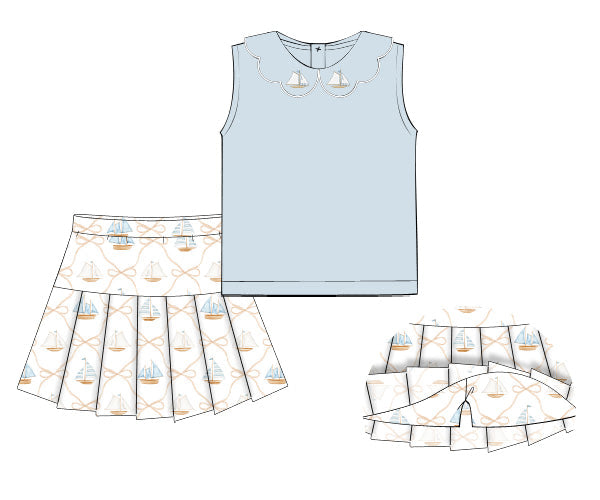 PREORDER 60: SPRING PT 1 - Blue Sailboats Girl Skort Set