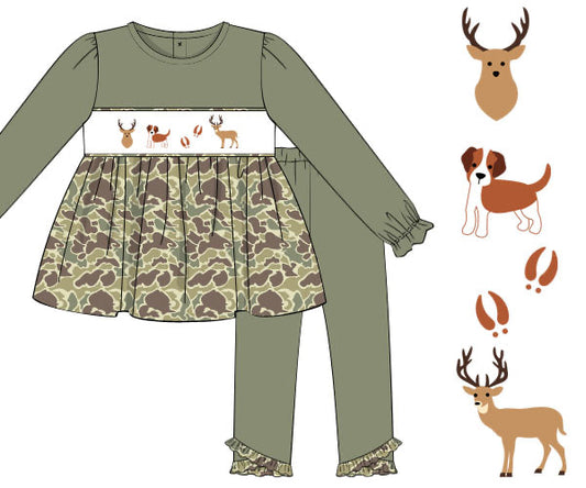RTS - Smocked Whitetail Buck Girl Pant Set