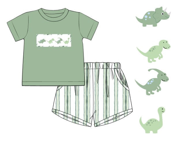 PREORDER 49: SUMMER PT 2 - Summer 2 Boys Only - Smocked Sage Dinos Boy Shortie Set