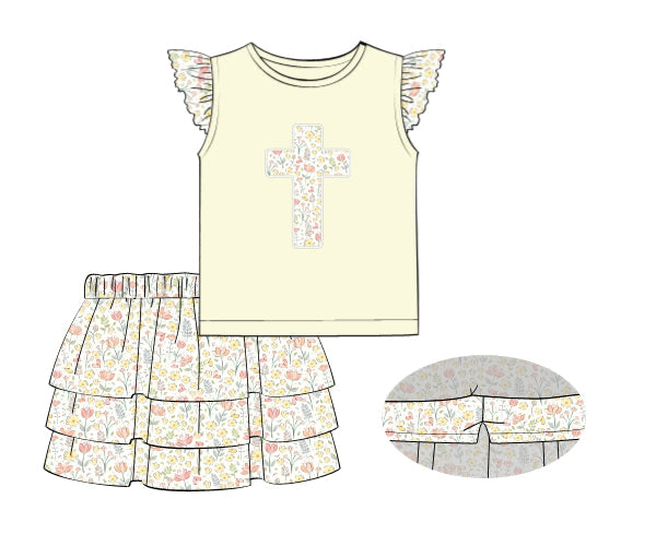 PREORDER 60: SPRING PT 1 - Applique Floral & Plaid Cross Girl Skort Set