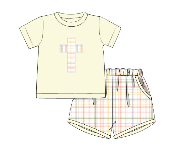 PREORDER 60: SPRING PT 1 - Applique Floral & Plaid Cross Boy Shortie Set