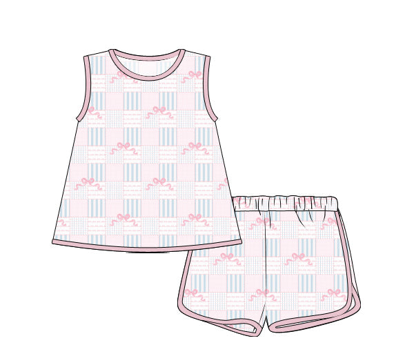 PREORDER 49: SUMMER PT 2 - Summer 2 Girls Only - Pink Bow Patchwork Girl Loungewear Set