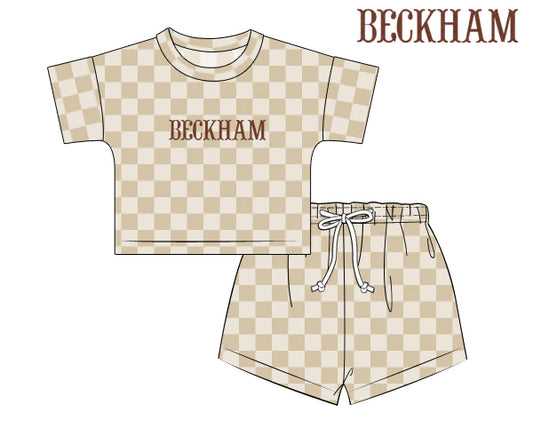 PREORDER 50: RERUNS - French Knot Checkered Sets Shortie Set - Tan