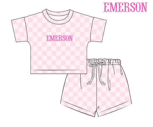 PREORDER 50: RERUNS - French Knot Checkered Sets Shortie Set - Pink