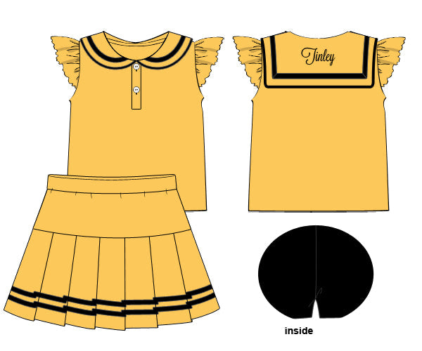 RTS - COLLEGIATE - Girls Spirit Wear Skort Set - Gold/Black “NO MONO”