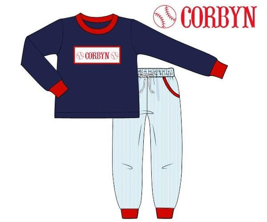 RTS - Baseball Name Smocks Boy Jogger Set “PLAY BALL”