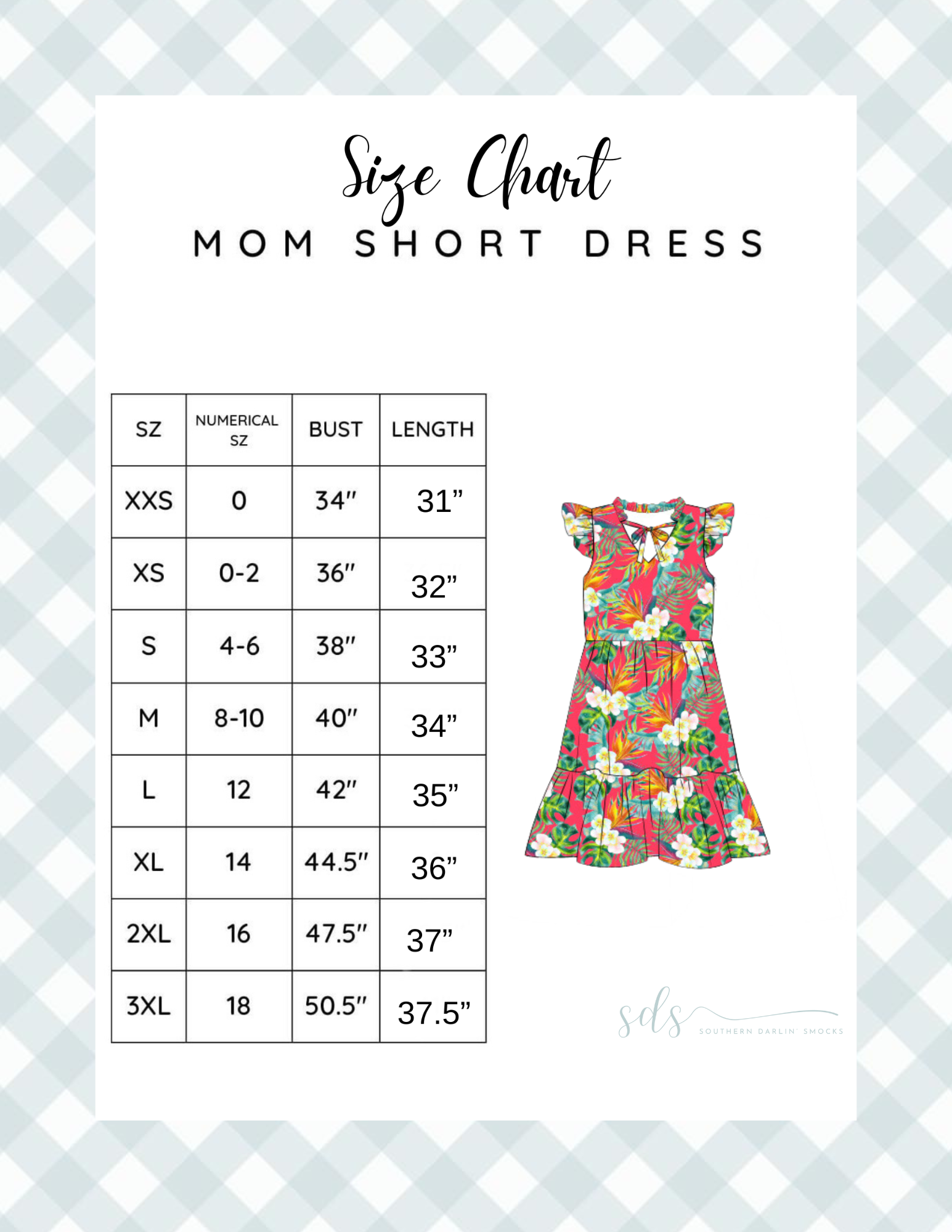 MOM SHORT DRESS SIZE CHART – Southern Darlin’ Smocks, LLC