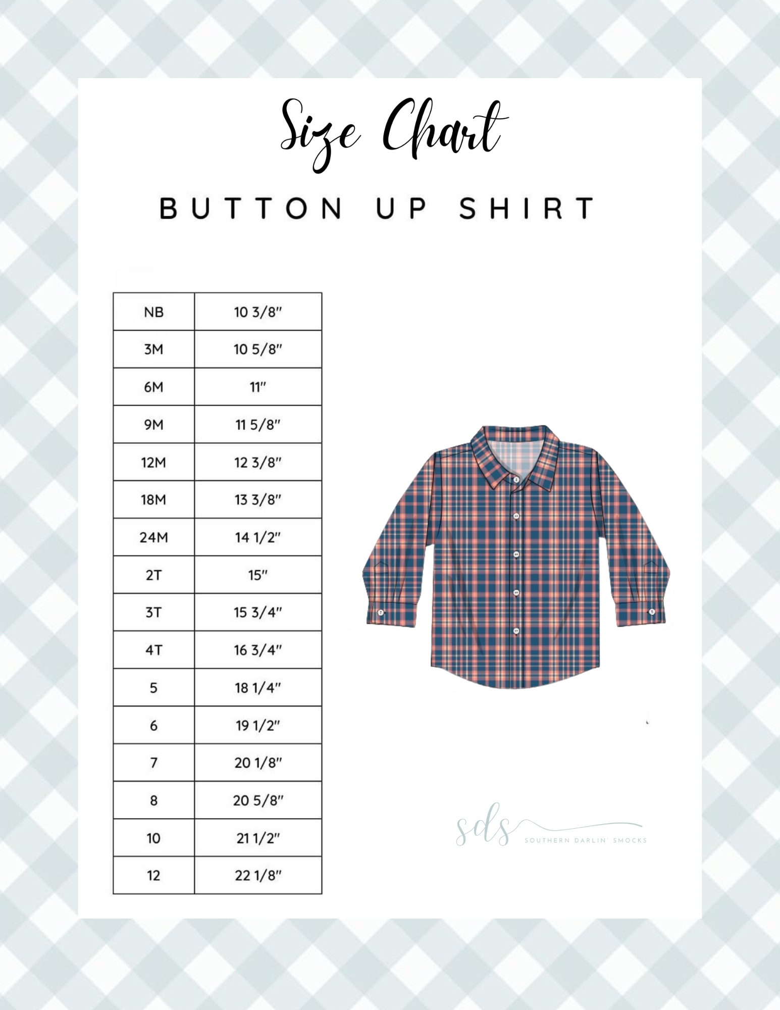 BUTTON UP SHIRT SIZE CHART – Southern Darlin’ Smocks, LLC