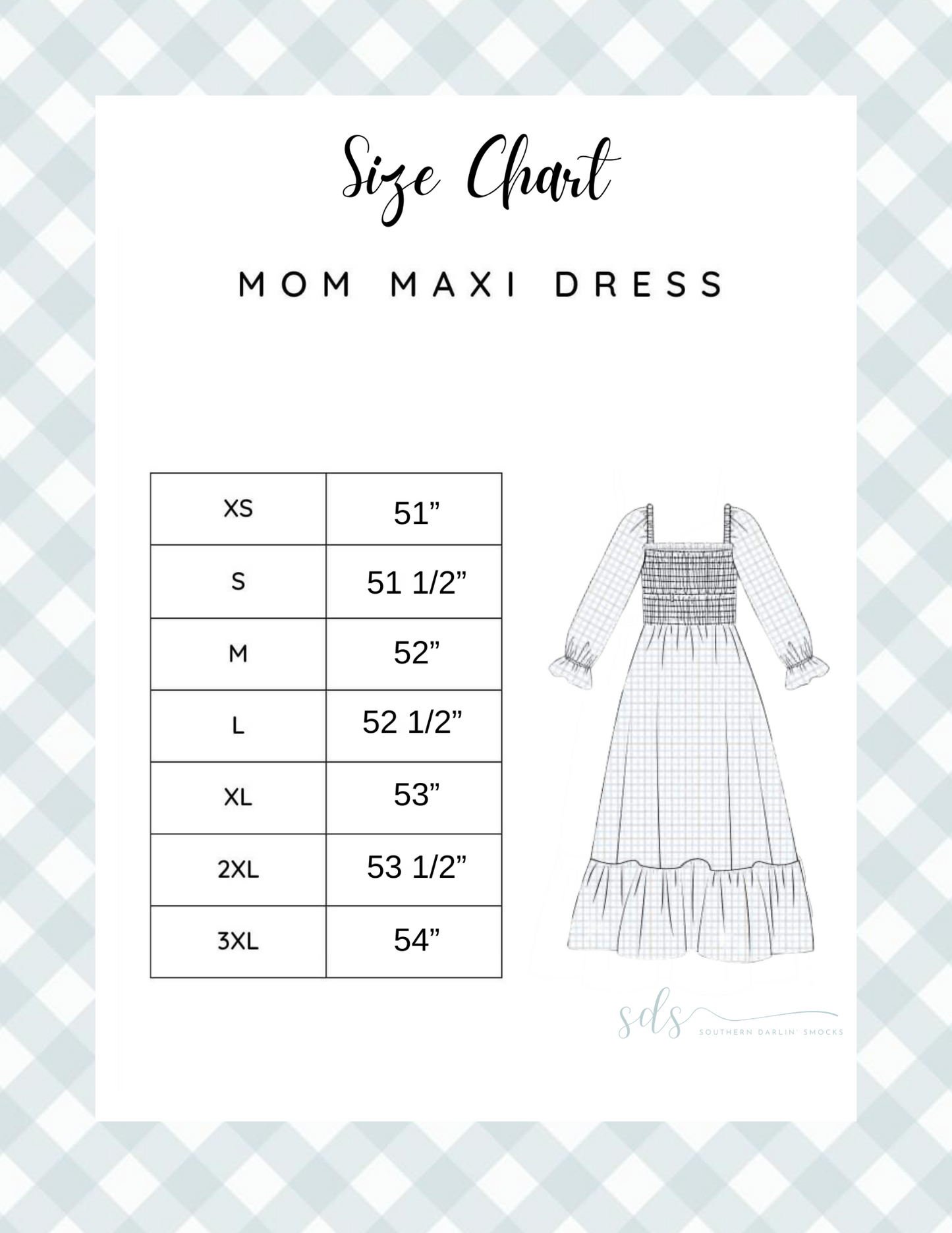 MOM MAXI DRESS SIZE CHART