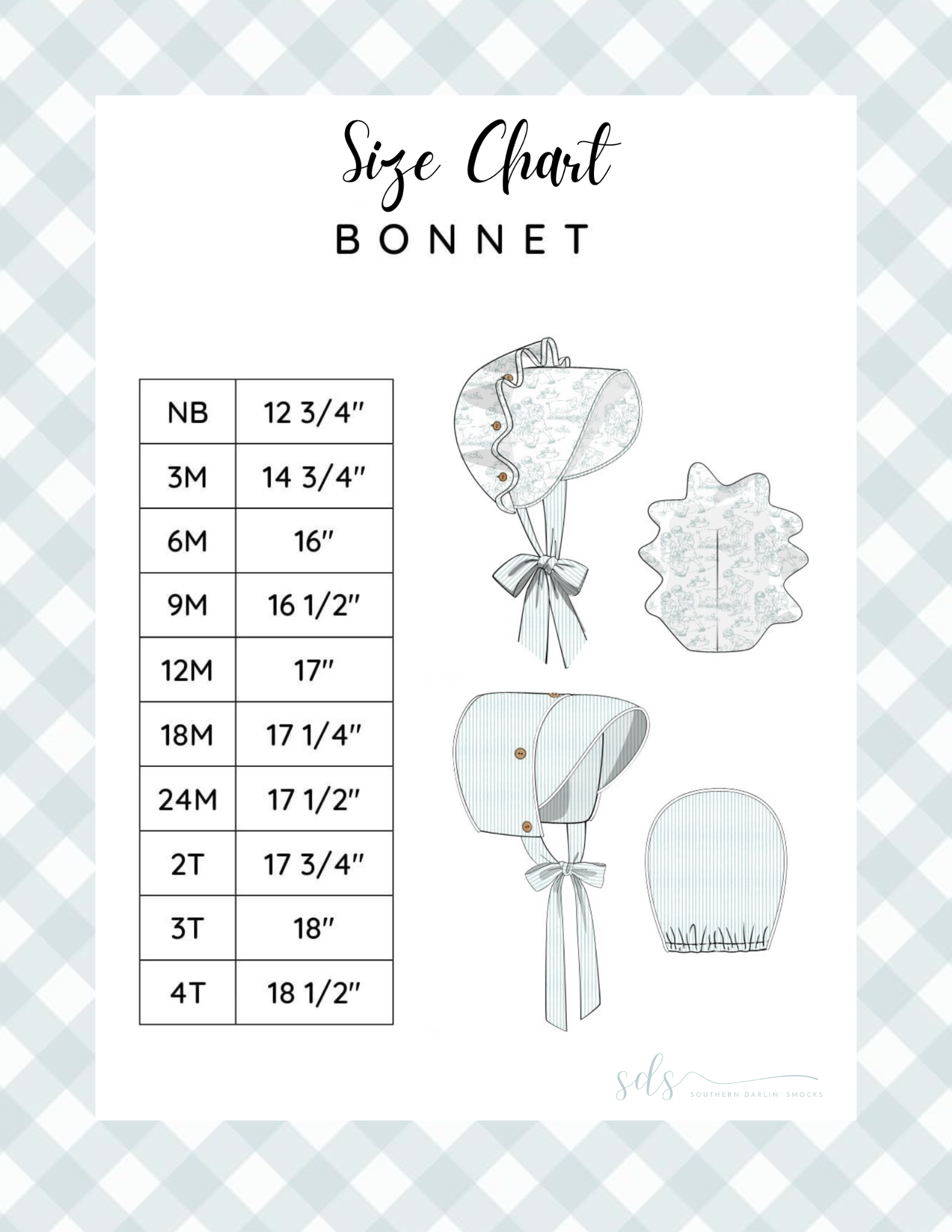 BONNET SIZE CHART – Southern Darlin’ Smocks, LLC